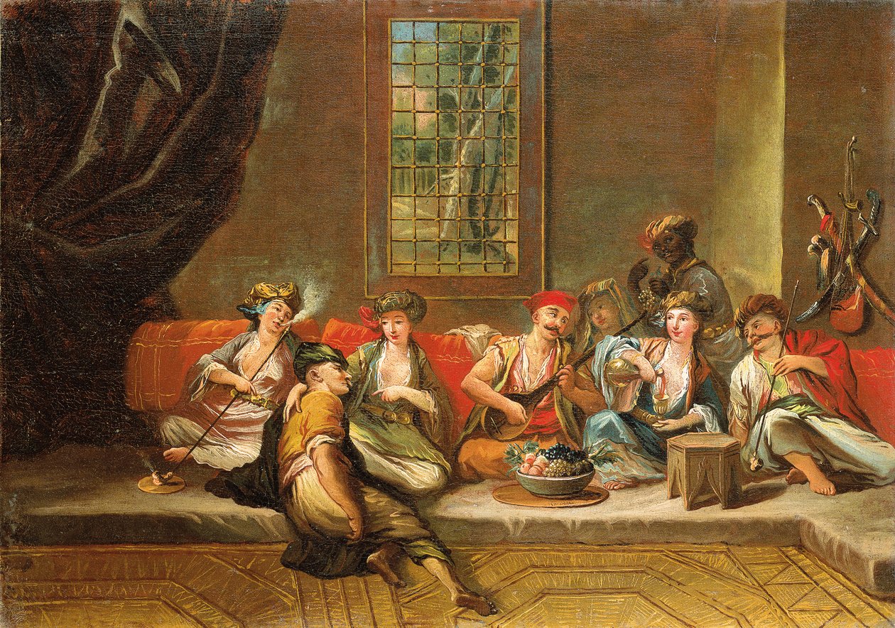 Græske sømænd hygger sig i et interiør af Jean Baptiste Vanmour