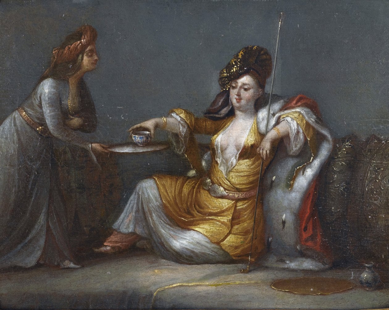 ""Sultana tager sin kaffe"" (Sultana tager kaffe) Maleri fra Jean Baptistes (Jean-Baptiste) Vanmours (Van Mour) skole (1671-1737) Privat samling af Jean Baptiste Vanmour
