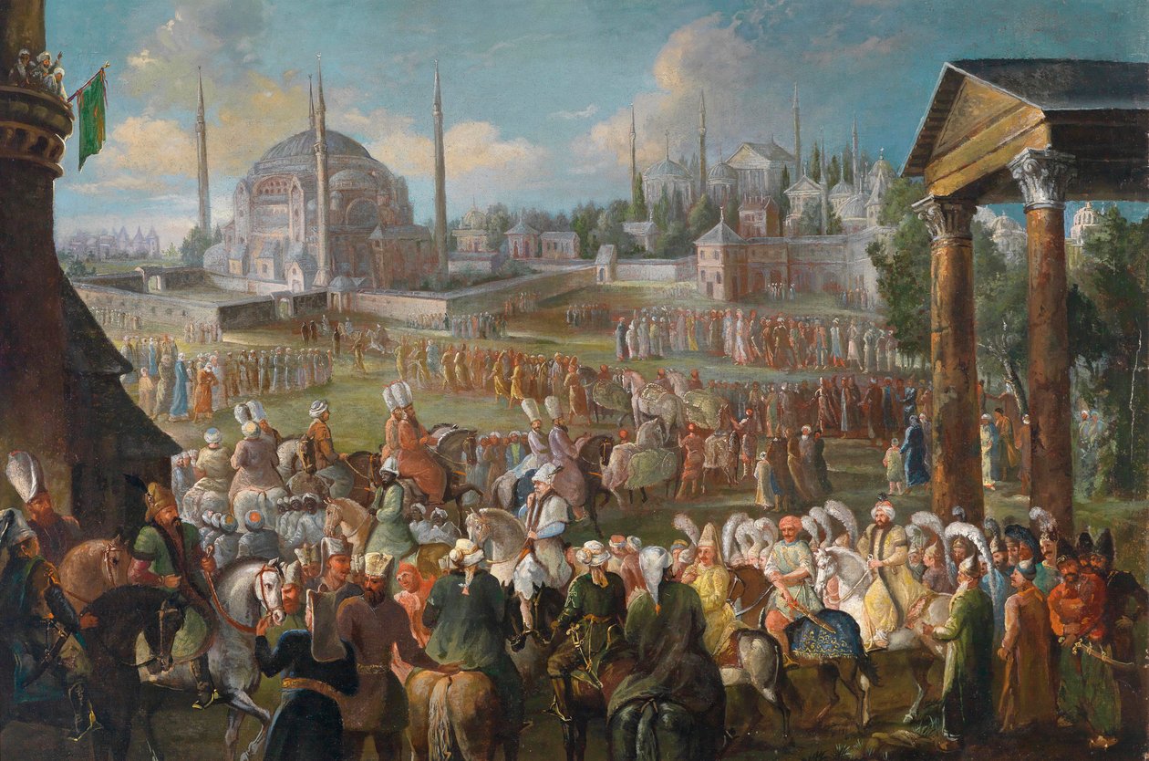 Sultanens procession i Istanbul - Maleri af Jean Baptiste van Mour (Jean-Baptiste Vanmour) (1671-1737), ca. 1736 - Sultanens procession i Istanbul - Olie på lærred af Jean Baptiste van Mour (Vanmour) (1671-1737), c1736 - 62x93 cm - Privat samling af Jean Baptiste Vanmour