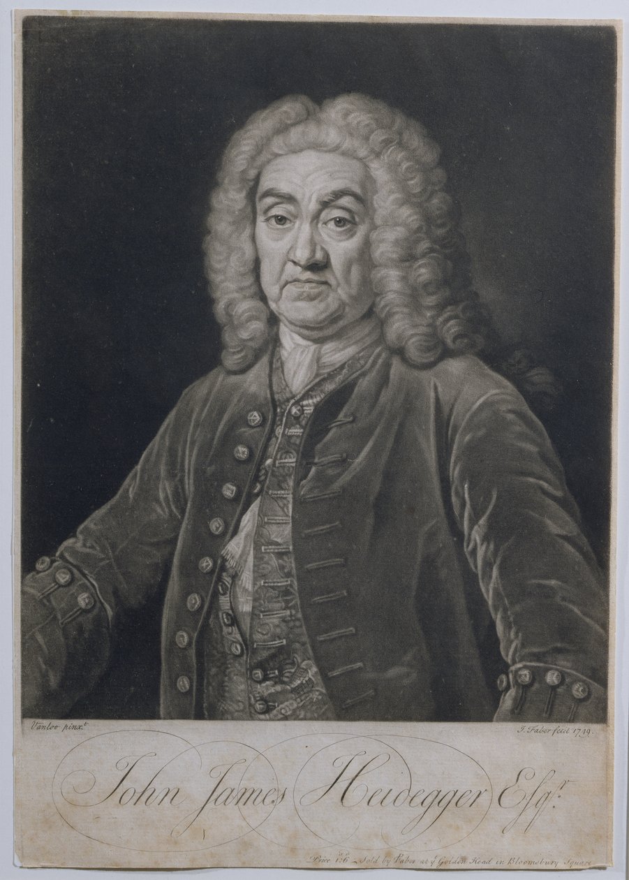 Portræt af John James Heidegger (1666-1749), schweizisk impresario i London, indgraveret af John Faber (1684-1756), 1749 af Jean Baptiste van Loo