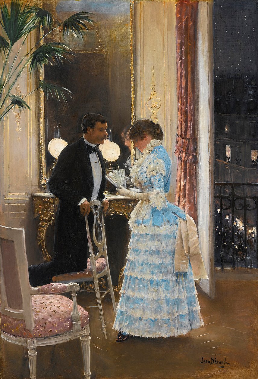 En samtale af Beraud, Jean (1849-1936). Olie på lærred, størrelse: 55,9x39,3, , Privat samling af Jean Beraud