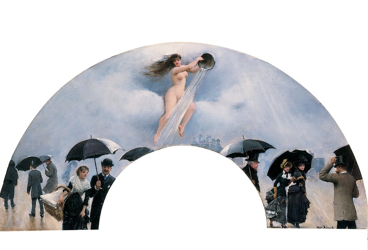 En allegori om regn, malet som vifte af Jean Beraud