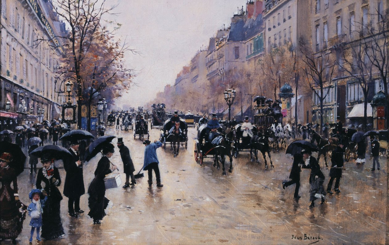 Boulevard Poissonière i regnvejr, ca. 1880 (olie på lærred) af Jean Beraud