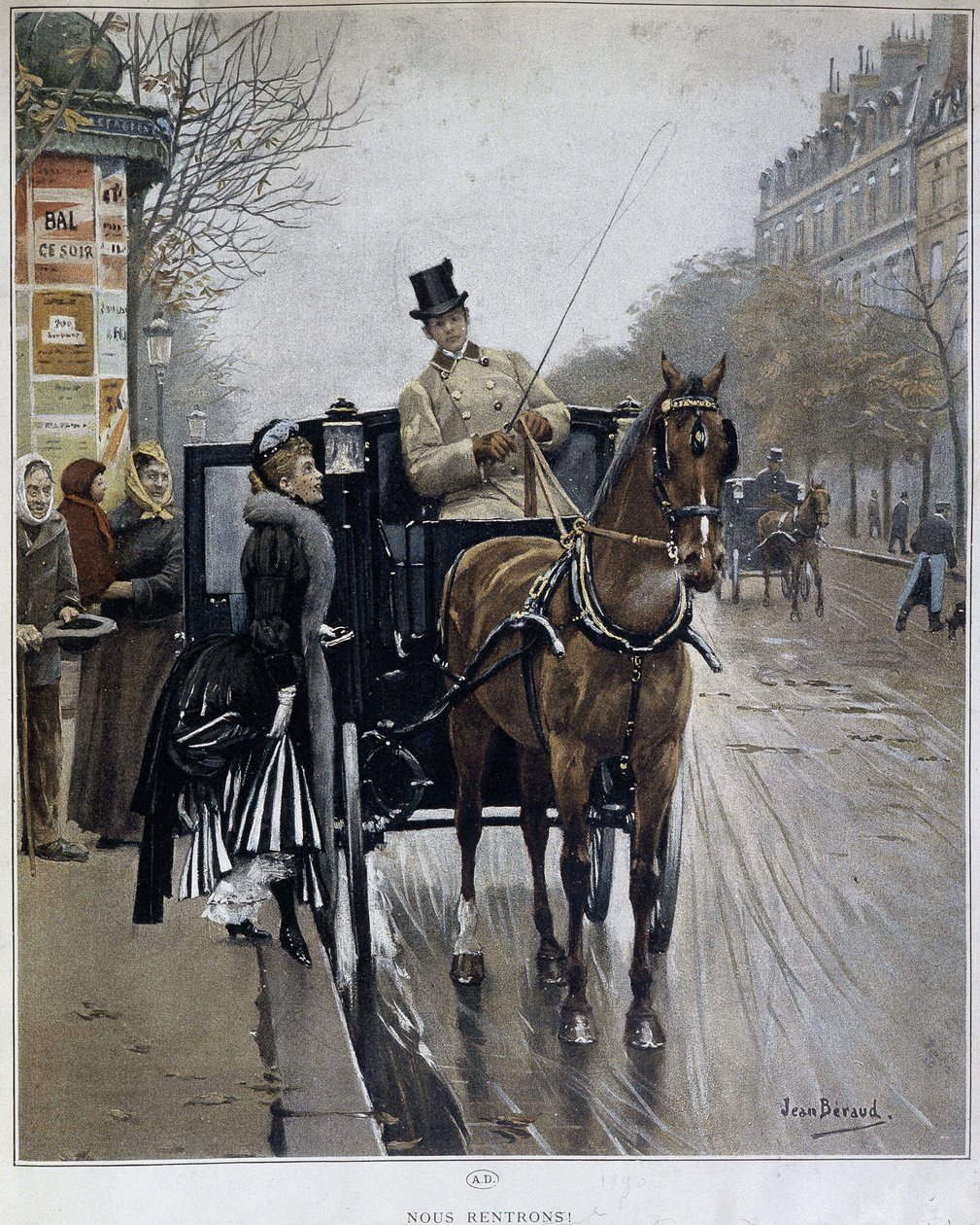 Elegant kvinde i en vogn i Paris: "We returnees" - illustration af Jean BERAUD (1849 - 1935), slutningen af det 19. århundrede. af Jean Beraud