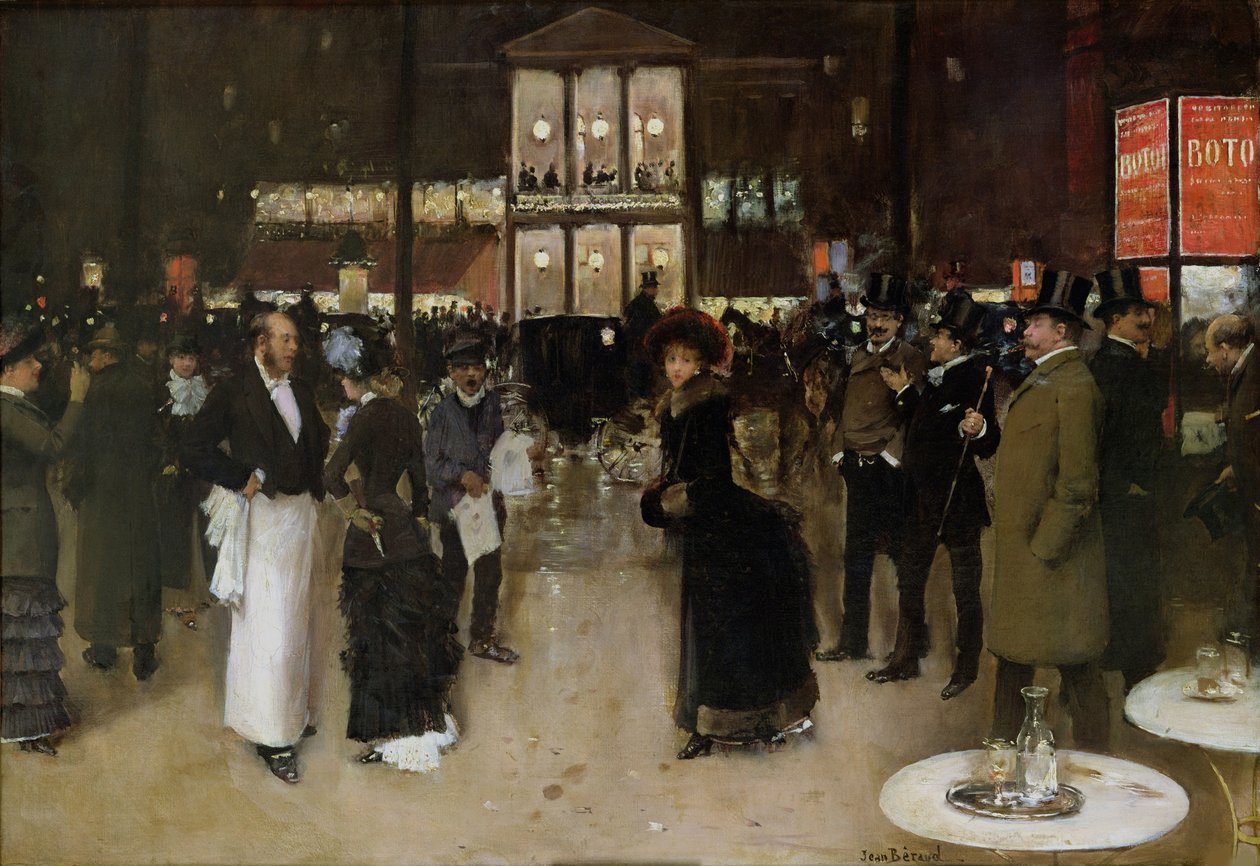 Boulevard Montmartre om natten, foran Théâtre des Variétés, ca 1885. af Jean Beraud
