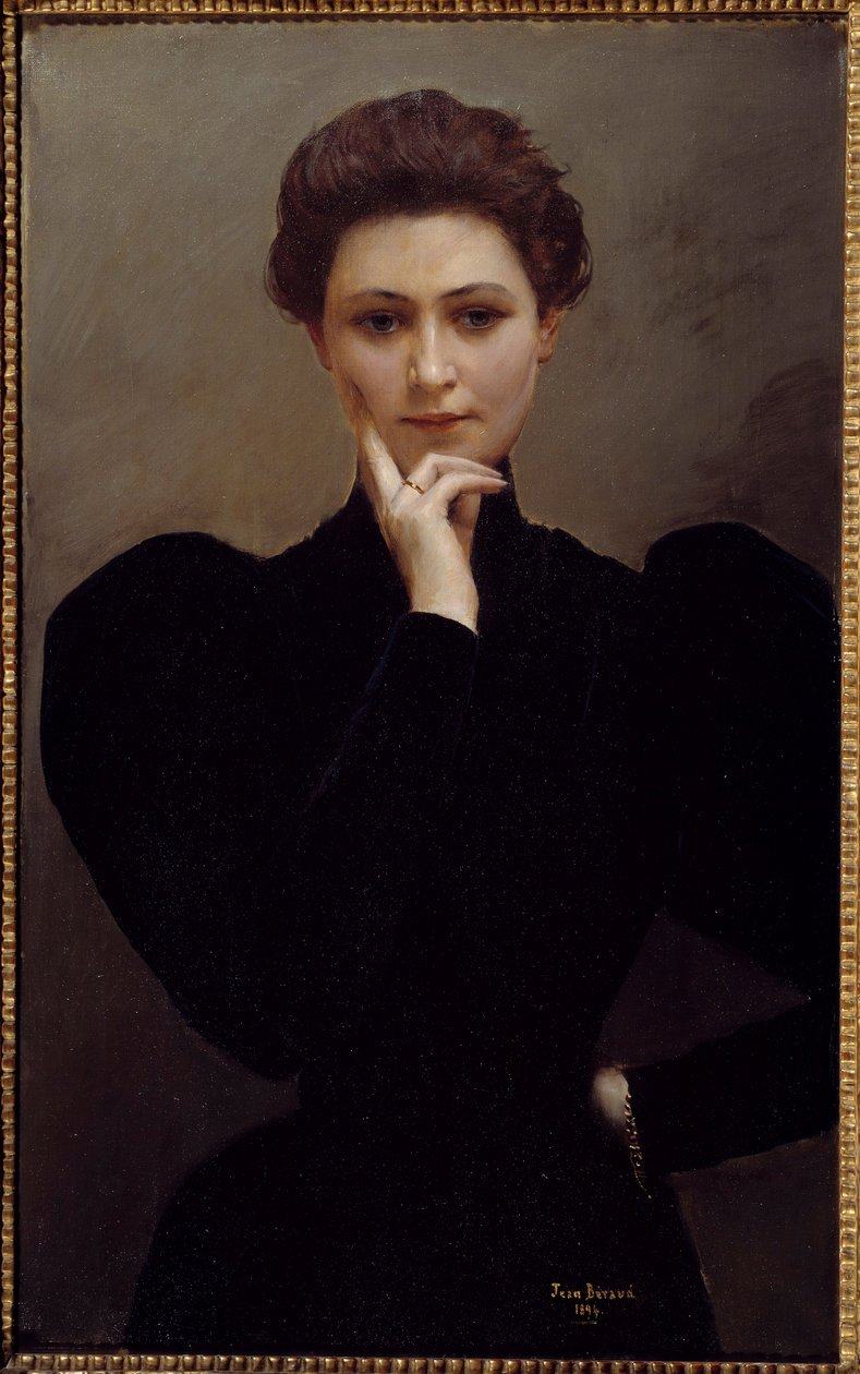 Meditation A pensive young woman dressed in fashion Belle Epoque. Painting by Jean Berauddani af Jean Beraud
