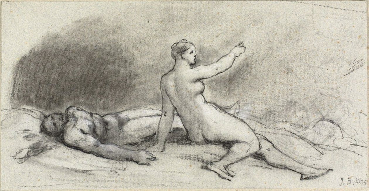 Nøgen kvinde sidder med nøgen mand i søvn (recto); Kvindelig torso set bagfra (verso) af Jean Beraud