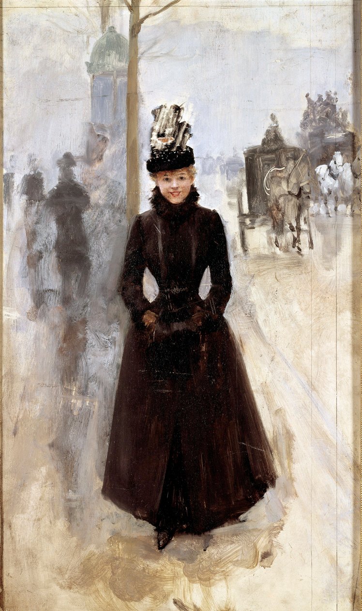 Parisisk kvinde på boulevarden eller kvinde med muffe Maleri af Jean Beraud (1849-1935) Tours fra det 19. århundrede, Musee des Beaux Arts af Jean Beraud