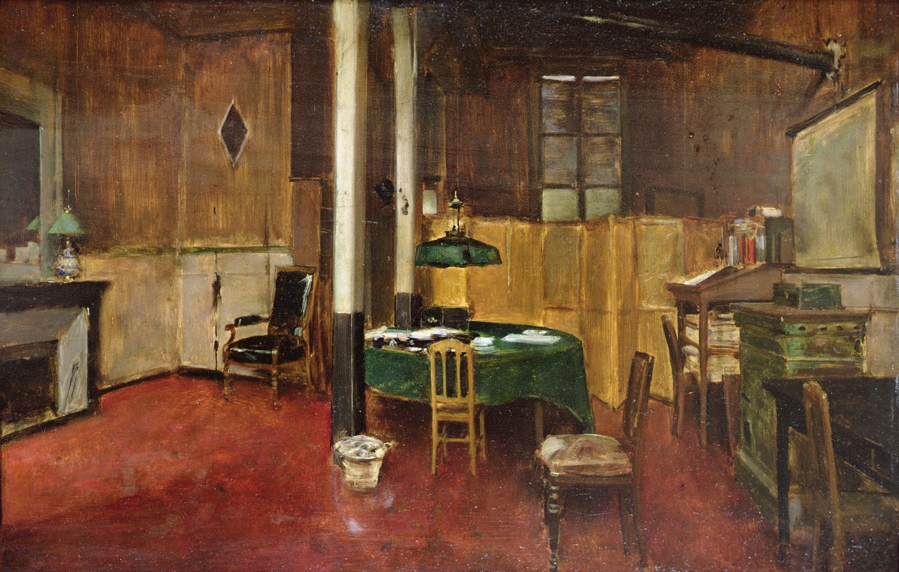 The Newsroom of Hansard, ca. 1889 (olie på træ) af Jean Beraud