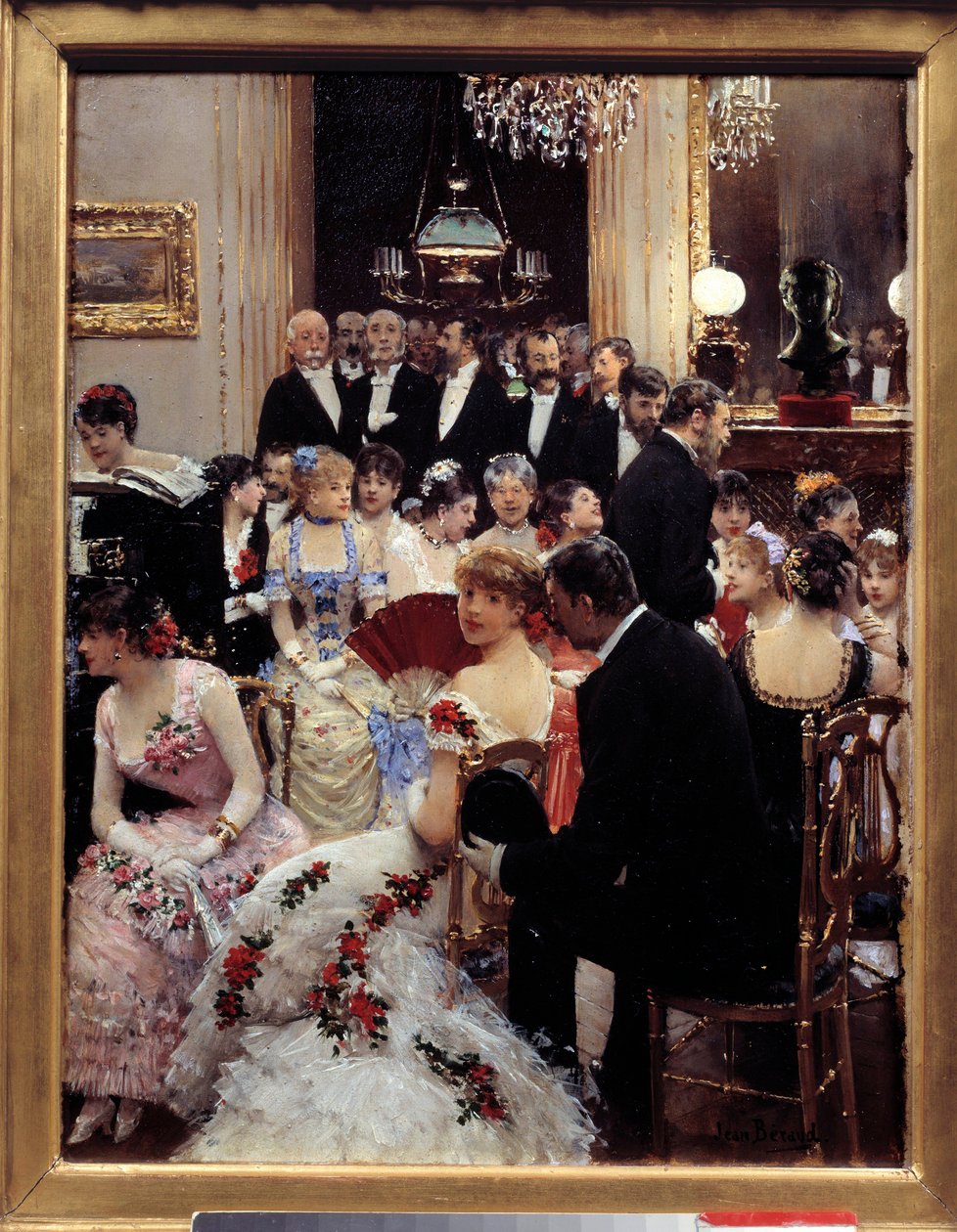 Aftenen. Maleri af Jean Beraud (1849-1936). Svag. 0,35x0,27m. Paris, Musee Carnavalet - The Soiree. Olie på træ, 0,35 x 0,27 m. Paris, Musée Carnavalet. af Jean Beraud