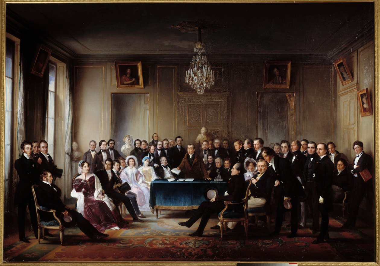 Digteren og dramatikeren Francois Guillaume Andrieux læser sin tragedie Junius Brutus “” i foyeren ved Comedie Francaise den 26/05/1828” Blandt gaverne Alexandre Dumas, Pierre Nicolas Michelot, Jean Francois Becquerel, Firmin, Victor Hugo, Eugene af Jean Beraud