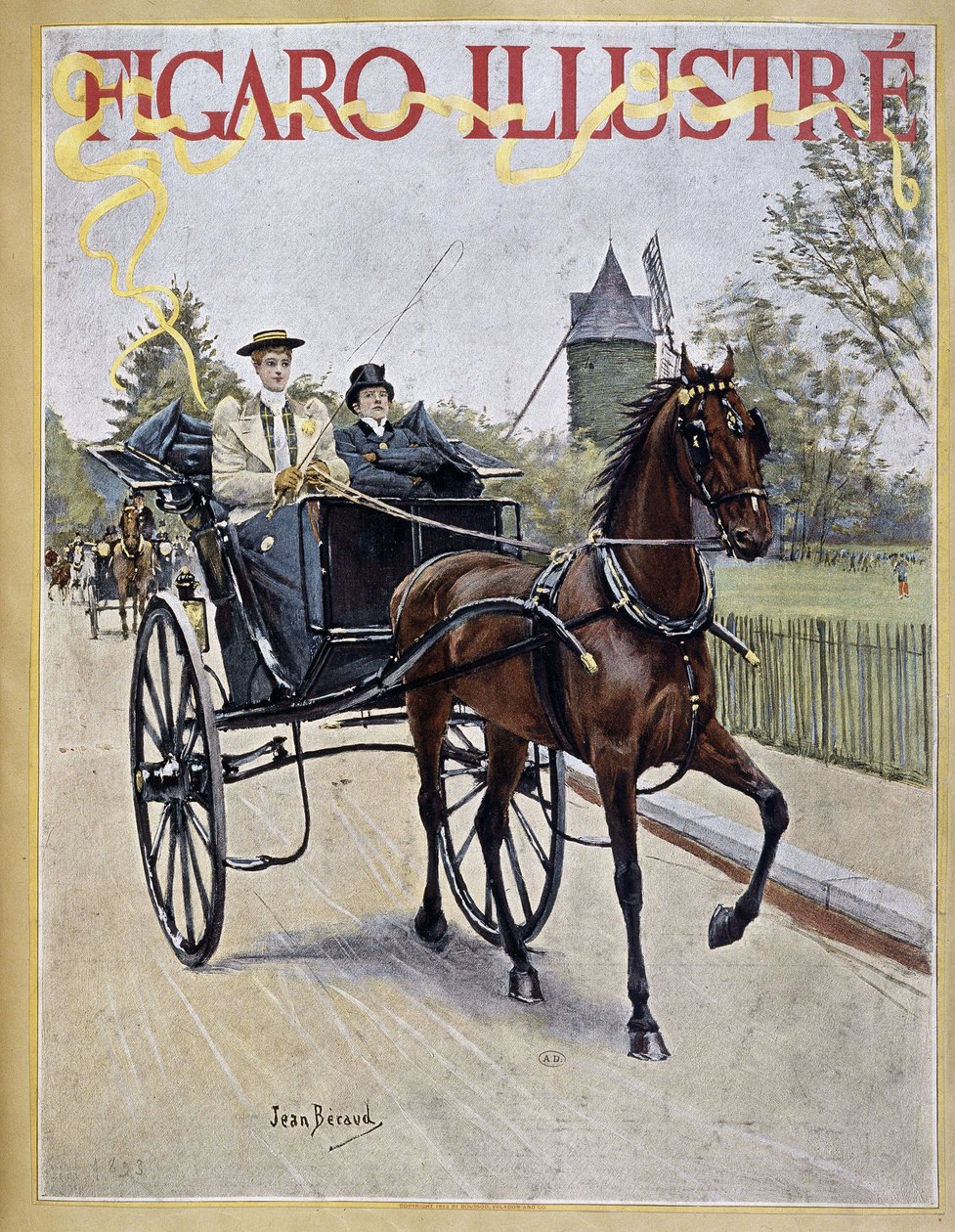 Kvinde, der kører en vogn med mand, der sidder ved siden af - Cover in “” Figaro Illustré ”” af Jean Beraud