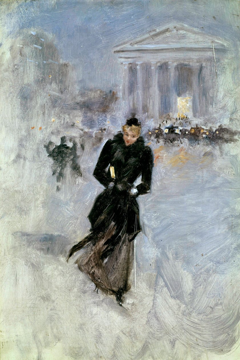 Ung elegant kvinde ved boaen i rue Royale i Paris Maleri af Jean Beraud (1849-1935) Tours fra det 20. århundrede, Musee des Beaux Arts af Jean Beraud