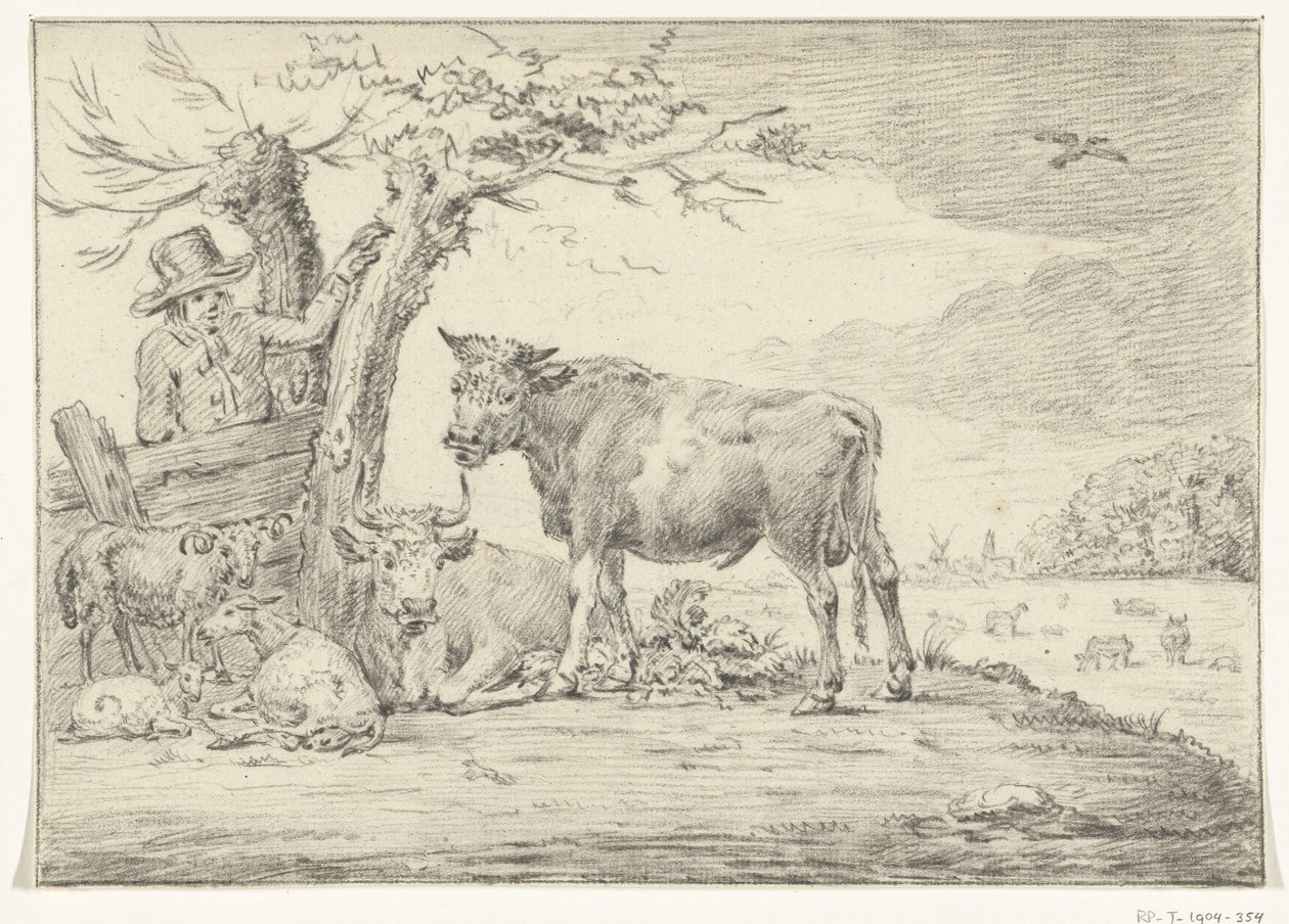 Bonde stående ved et hegn med kvæg af Jean Bernard