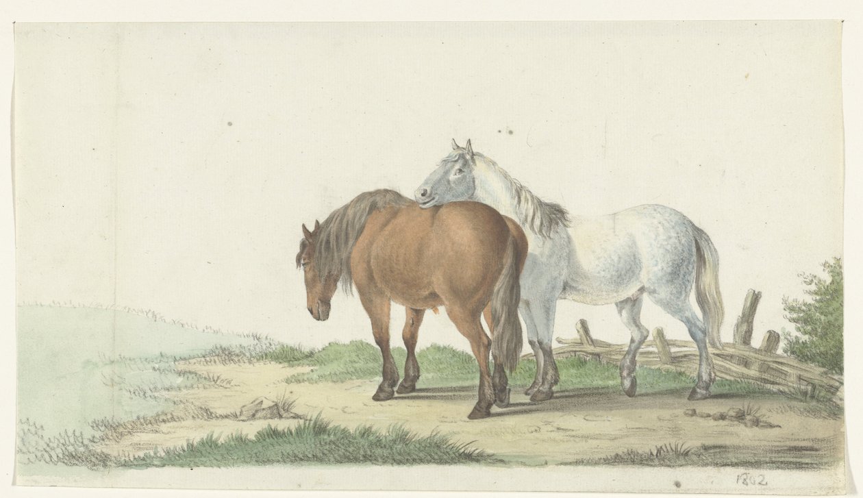 En brun og hvid hest på en vej ved siden af ​​et hegn af Jean Bernard