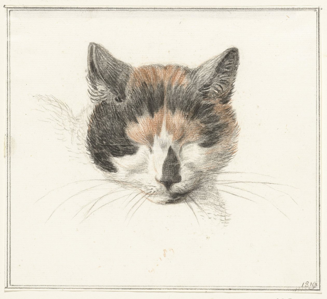 Hovedet af en calico kat, forfra, med lukkede øjne af Jean Bernard