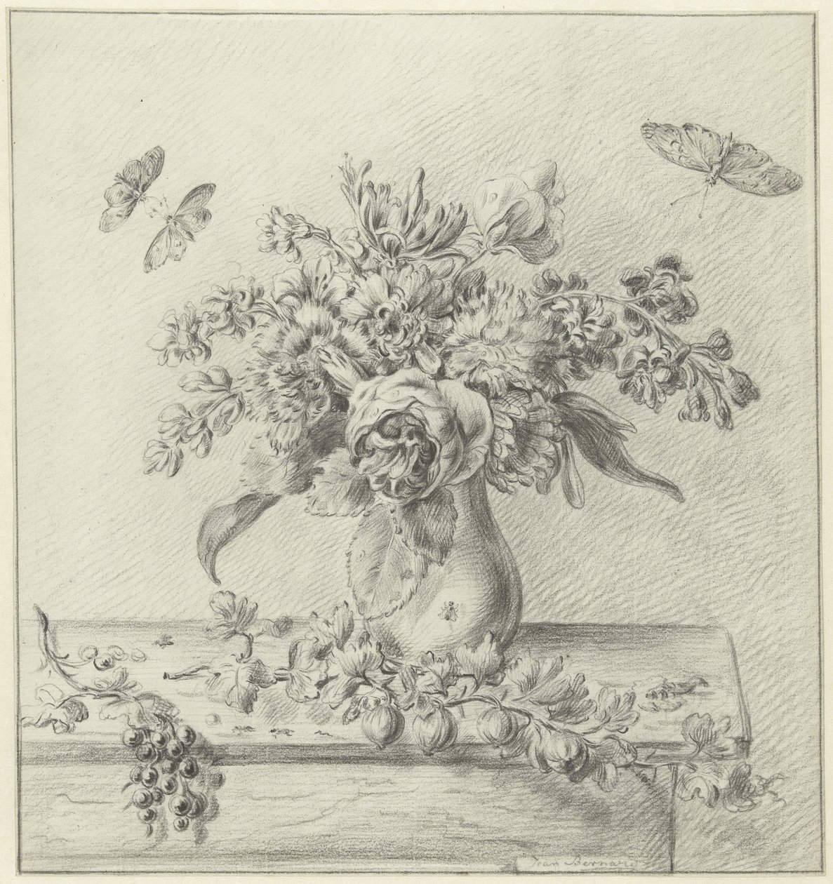 Stilleben med blomsterarrangement, frugter og insekter af Jean Bernard