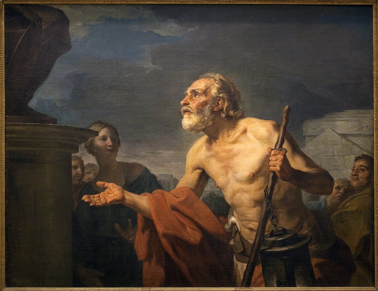 Diogene beder om almone til statuer. (Sinope Diogene kaldet kynisk, omkring 413-omkring 327 f.Kr.). Maleri af Jean Bernard Restout (1732-1797), olie på lærred af Jean Bernard Restout