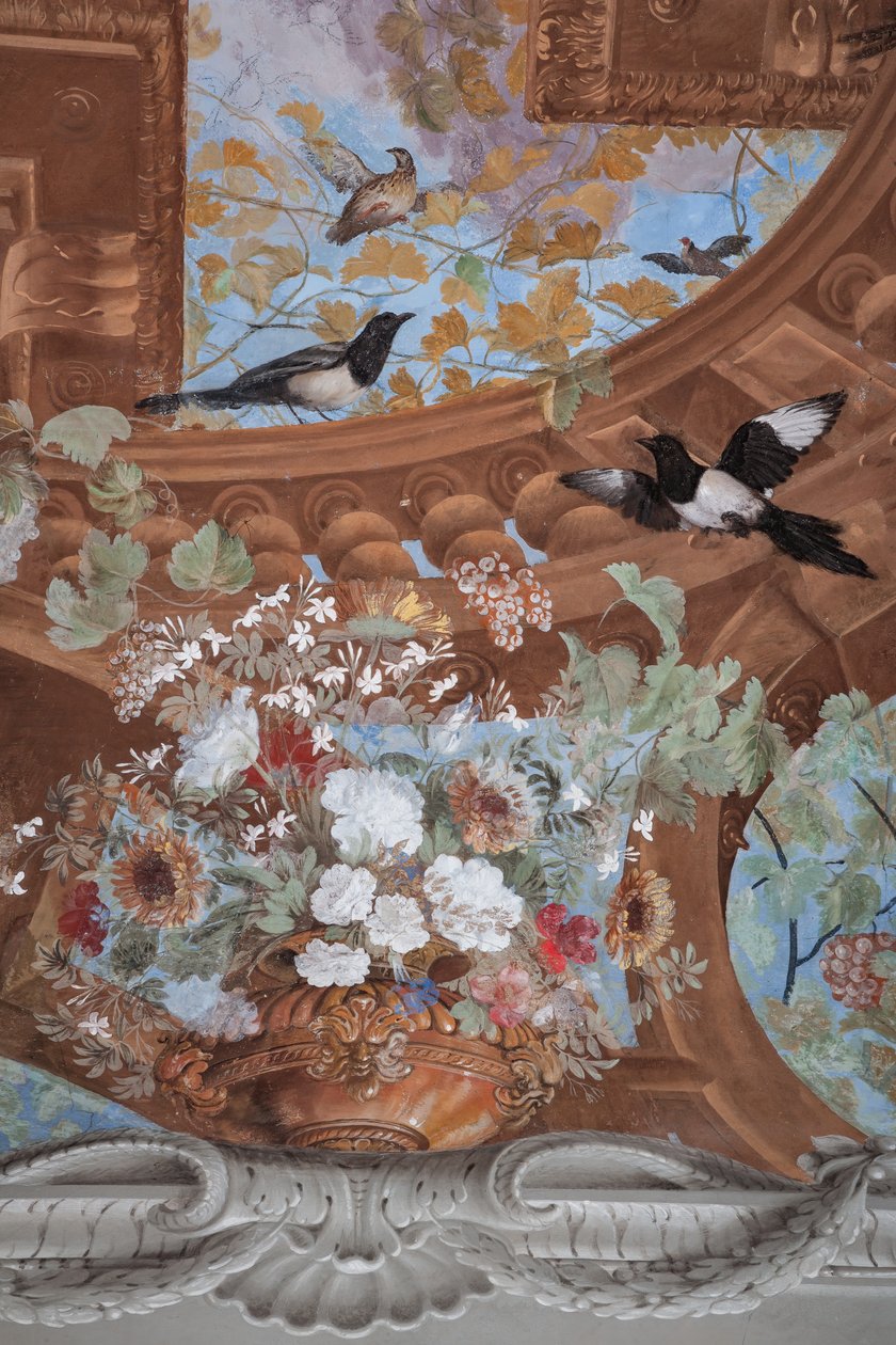Vinskud, druer, blomster og fugle, detalje af Jean Boulanger