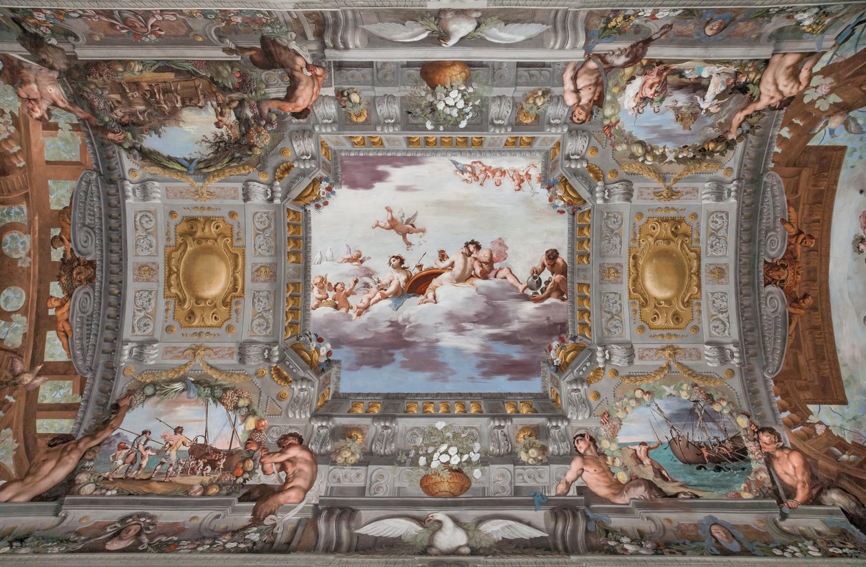 Bryllupsbanket. På skyerne sidder Bacchus, Ariadne og Venus med en figur, der skænker vin, ved et rundt bord. De andre guder ser til på afstand. af Jean Boulanger