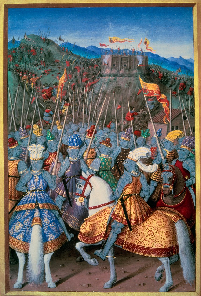 Italienske krige: Kong Ludvig XII (1462-1515) angreb Genes med sine tropper i 1507. Miniature fra "The Voyage of Genes" af Jean Marot (1450-1526) belyst af Jean Bourdichon (1457-1521) 1510 Paris, B.N. af Jean Bourdichon