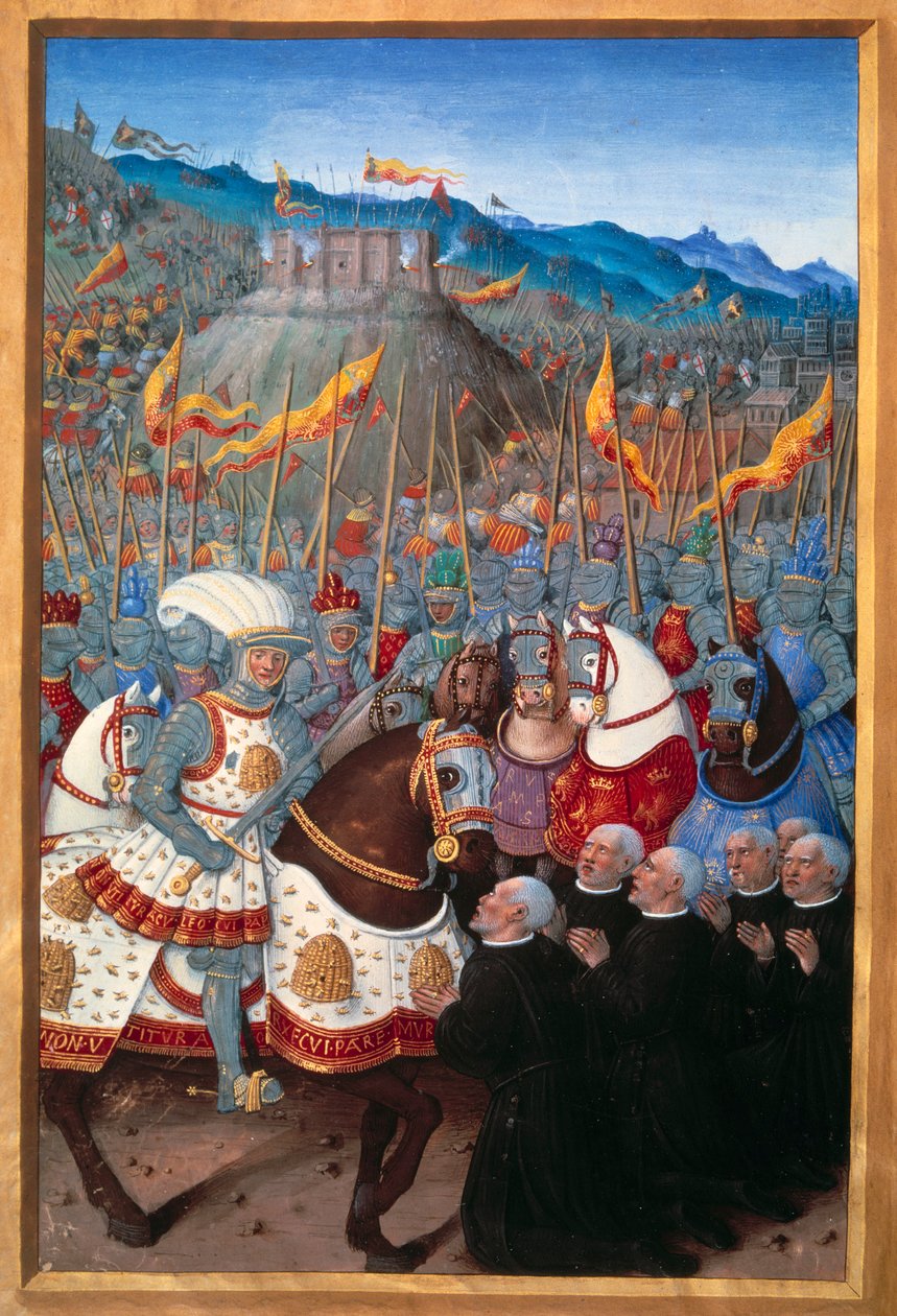 Ludvig XII (1462-1515) modtog seks bourgeois fra Genes på knæ (25. april 1507). Miniature af Jean Bourdichon (1457? - 1521) i "" Voyage de Genes"" (Folio 20v) skrevet af Jean Marot, v.1508. Paris, B N af Jean Bourdichon