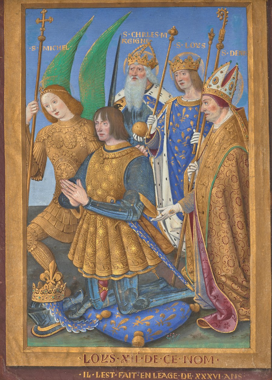 Ludvig XII af Frankrig knæler i bøn, ledsaget af helgenerne Michael, Karl den Store, Ludvig og Denis af Jean Bourdichon