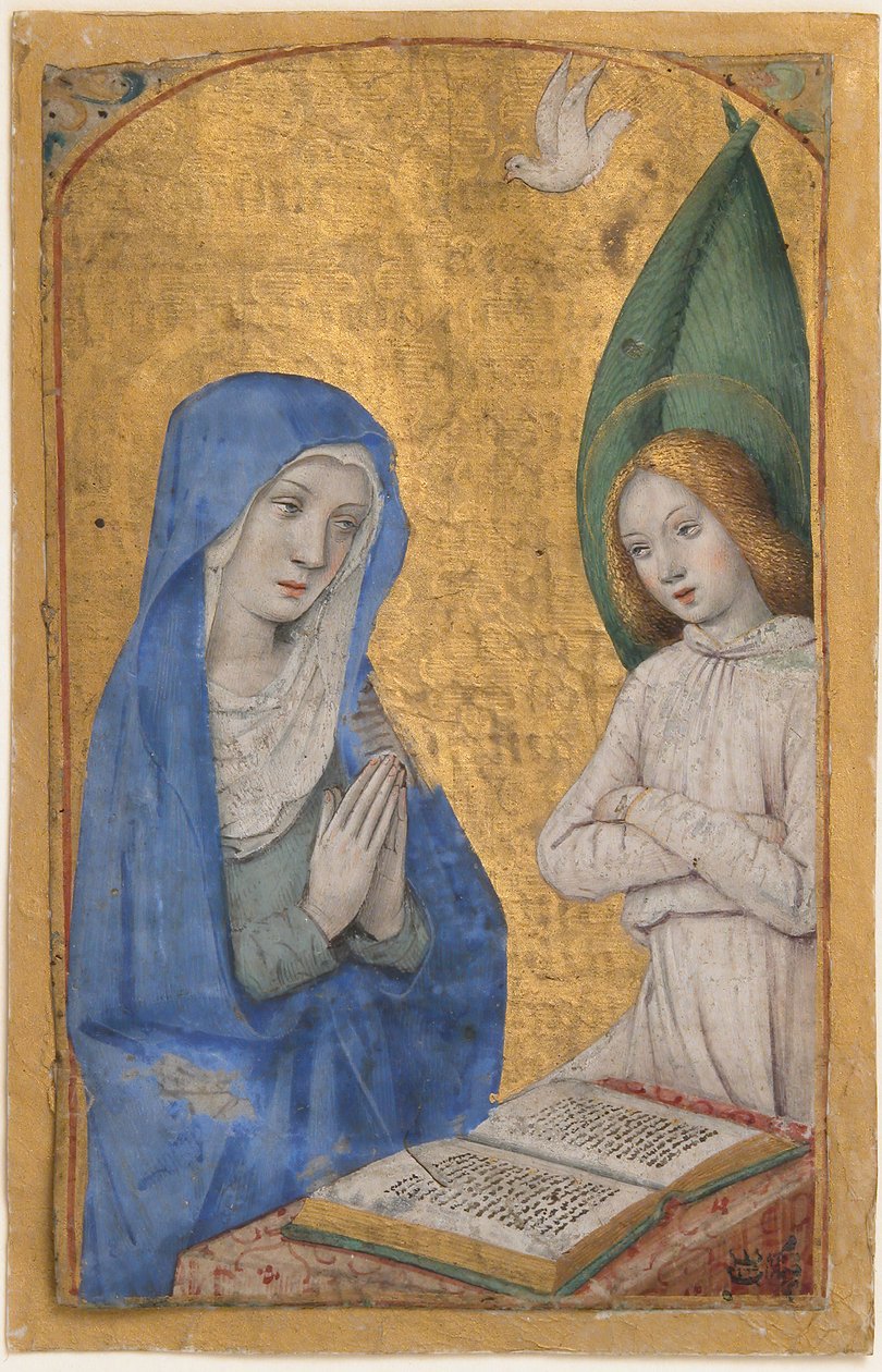 Manuskriptblad med bebudelsen fra en timebog, fransk, ca. 1485-90. af Jean Bourdichon