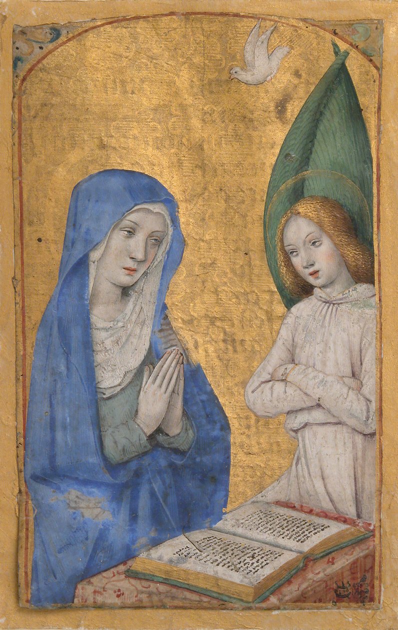 Manuskriptblad med bebudelsen fra en timebog, ca. 1485-90. af Jean Bourdichon
