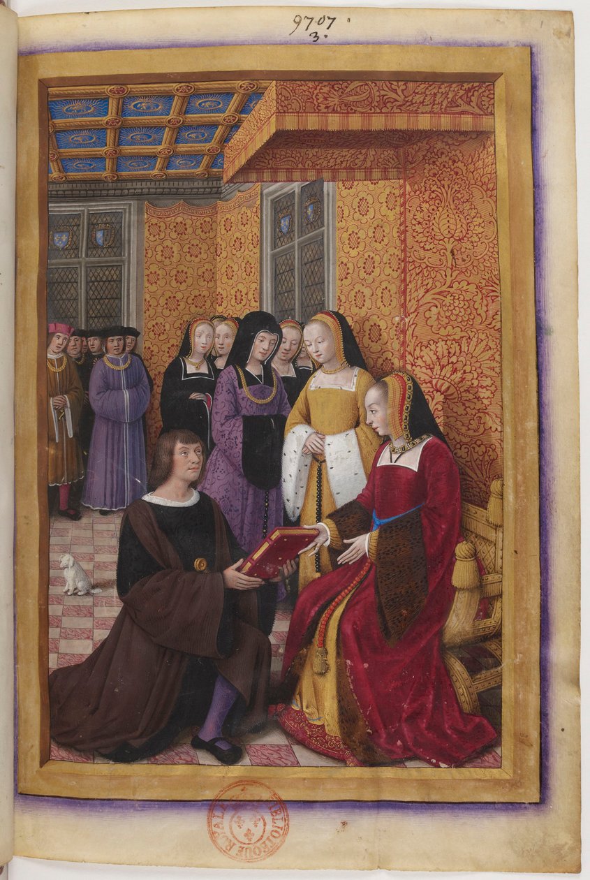 Miniaturededikation af Voyage de Gênes: Jean Marot præsenterer sit værk for Anne af Bretagne af Jean Bourdichon