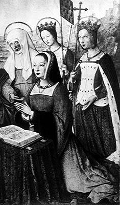 Ms lat 9474 f.3v Anne af Bretagne med St. Anne, St. Ursula og St. Helen, miniature fra Grandes Heures af Anne af Bretagne, ca. 1503-8 (se også 151193) af Jean Bourdichon