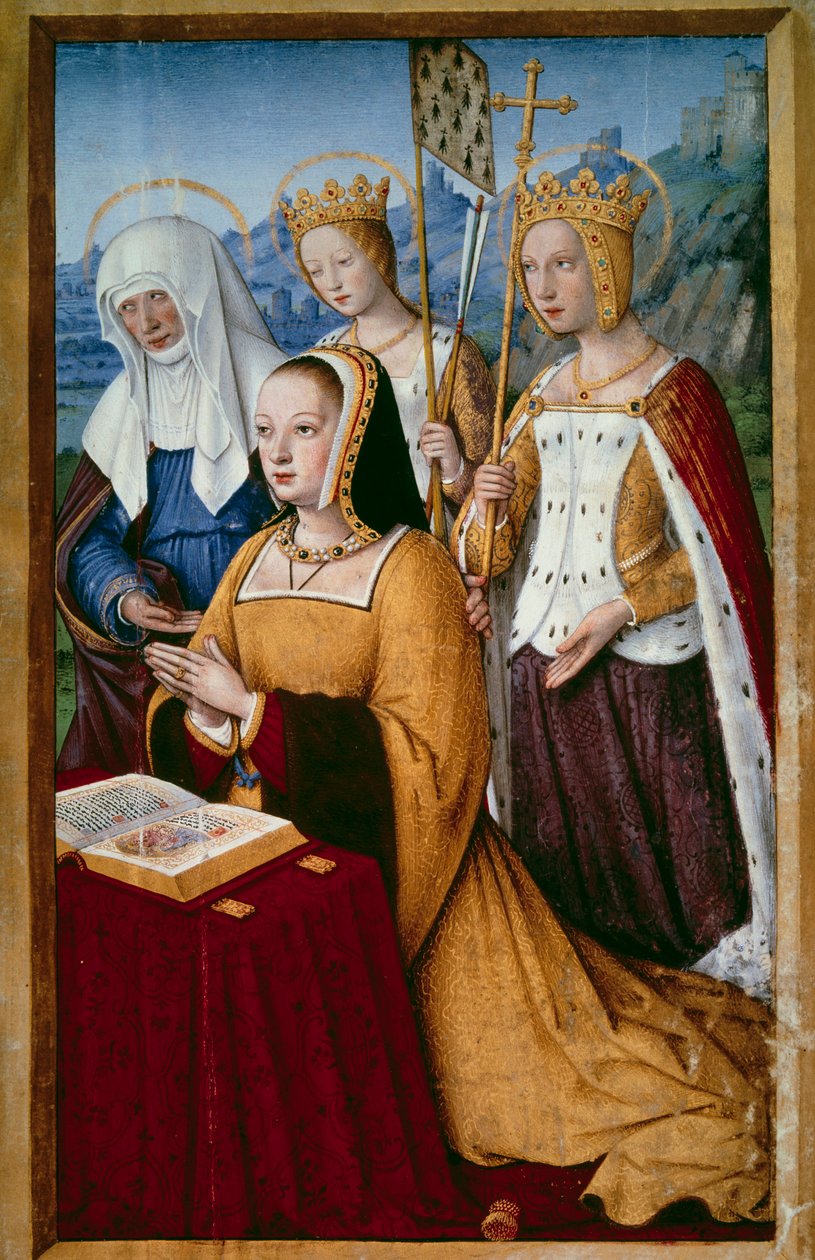Portræt af Anne af Bretagne (1477-1514), dronning af Frankrig, i bøn sammen med sine hellige skytshelgener Sankt Anne, Sankt Helene og Sankt Ursule Miniature fra "De store timer af Anne af Bretagne" af Jean Bourdichon (1457-1521) 1503-1508. Paris, B.N. af Jean Bourdichon