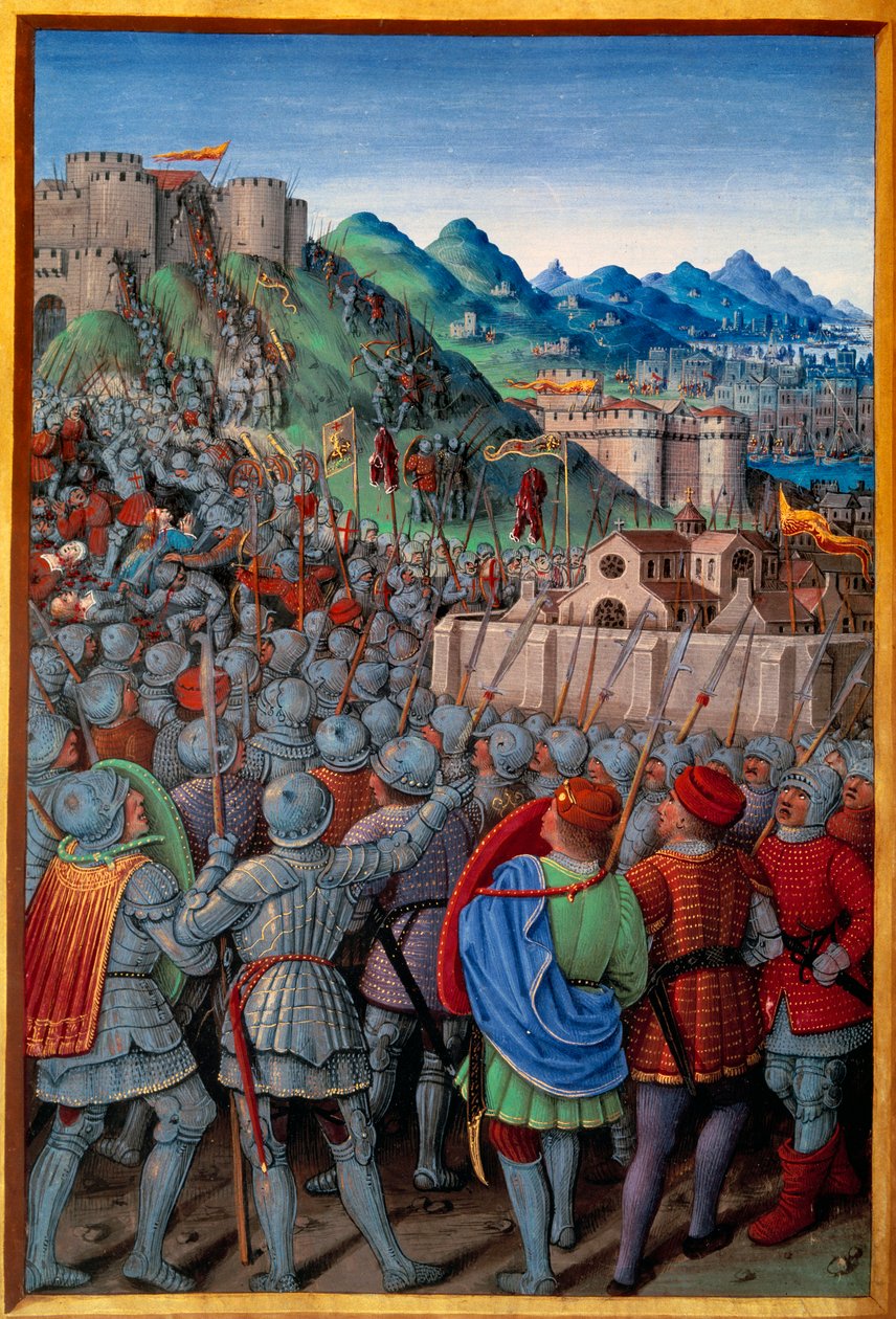 Genois angreb Castellacio de Genes-vagten af franskmændene (12. marts 1507). Miniature af Jean Bourdichon (1457? - 1521) i "" Voyage de Genes"" (Folio 20v) skrevet af Jean Marot, v.1508. Paris, NL af Jean Bourdichon