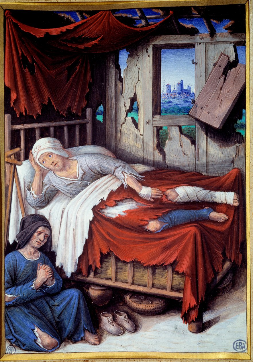 En fattig mands død. En kvinde ved sengen til en døende mand, bed. Maleri af Jean Bourdichon (v.1457-1521) af Jean Bourdichon
