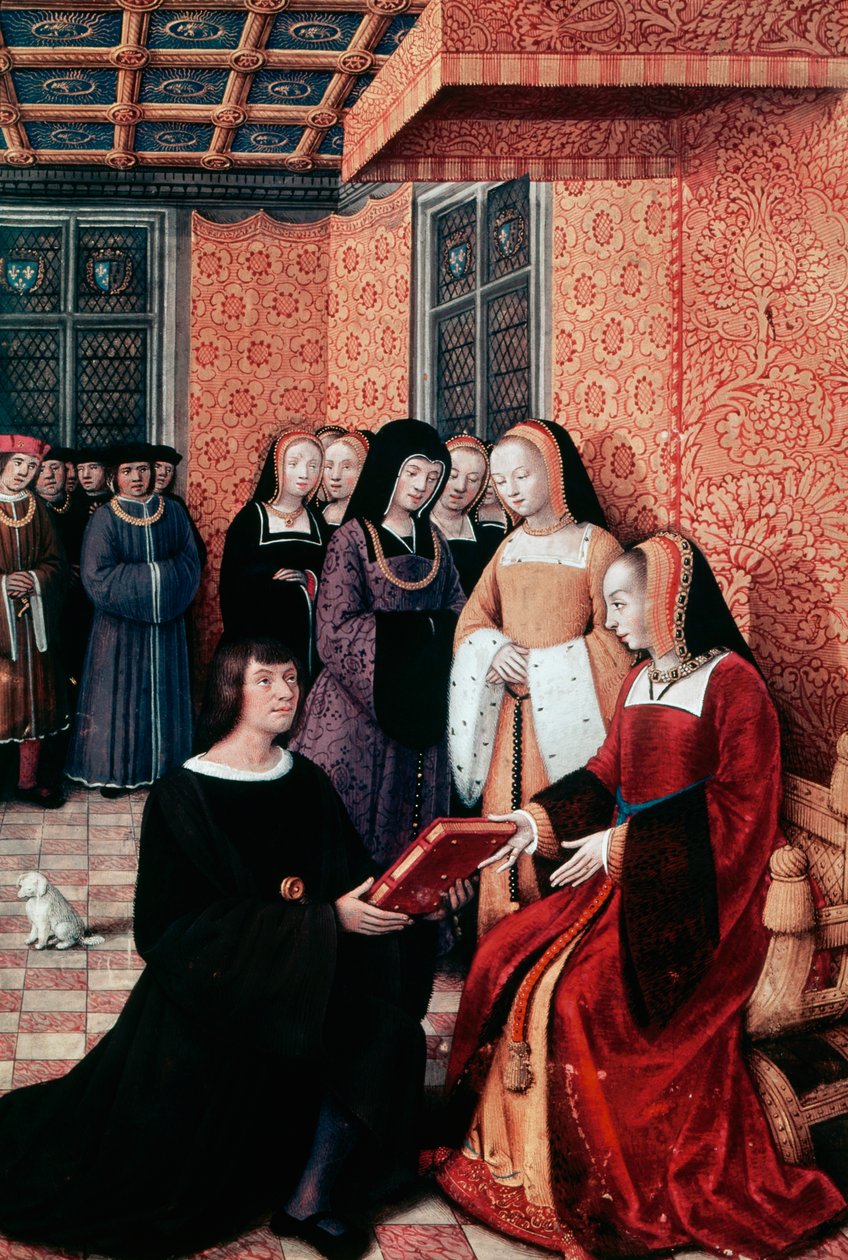 Digteren Jean Marot (1450-1526) overdrager sit værk Voyage to Genoa til Anne af Bretagne (1477-1514), ca. 1508, miniature af Jean Bourdichon (1457-1521). Frankrig af Jean Bourdichon
