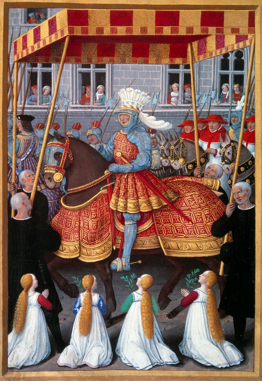 Kong Ludvig XIIs (1462-1515) triumferende indtog til Genes i april 1507 Miniature taget fra "Le voyage a Genes"" af Jean Marot (1450-1526) oplyst af Jean Bourdichon (1457-1521) 1508. Paris, B.N. af Jean Bourdichon
