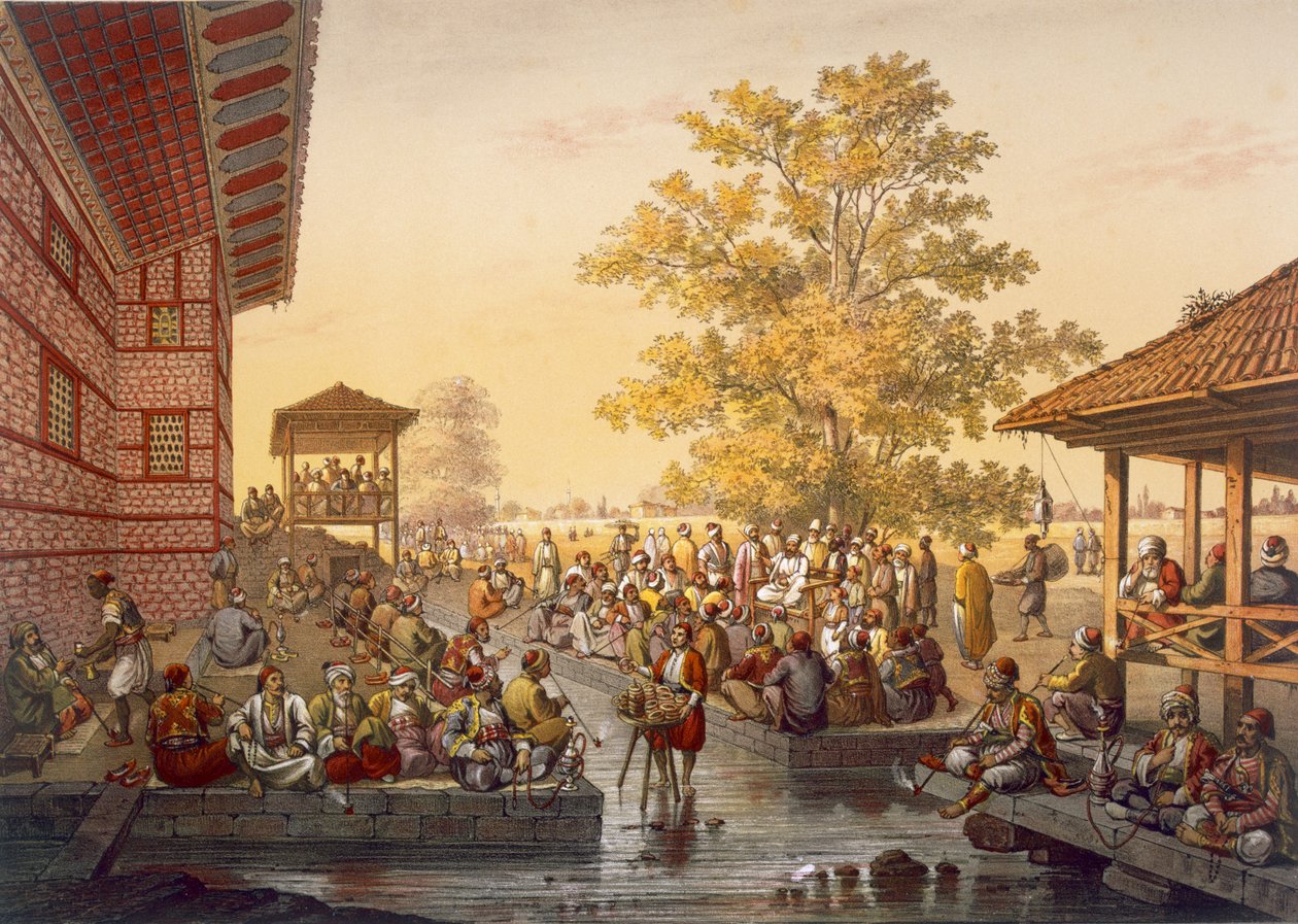 Fritidsscene i Pinarbasi, et kvarter i Bursa. En historiefortæller underholder offentligheden fra Souvenirs de Constaninople, pub. 1845 af Jean Brindesi