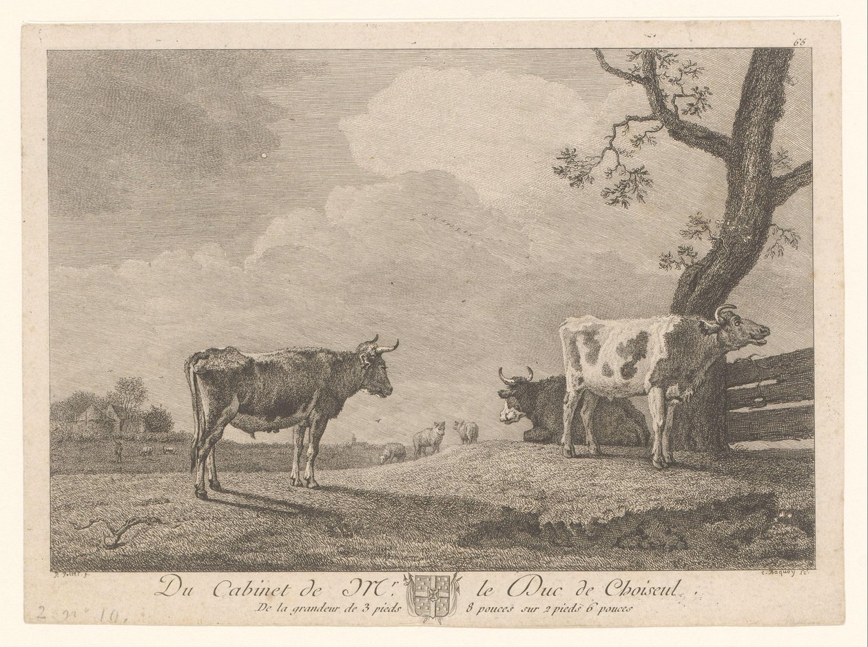 Tre køer på en eng Værker fra samlingen af ​​Étienne François de Choiseul (serietitel) Du kabinet af mr. le Duc de Choiseul (serietitel på objekt) af Jean Charles Baquoy