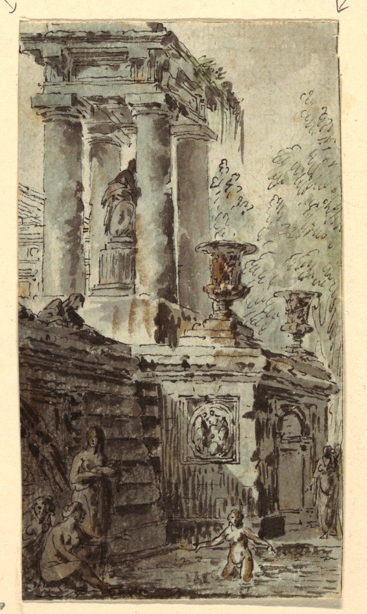 Arkitektonisk fantasi med figurer, der bader af Jean Charles Delafosse