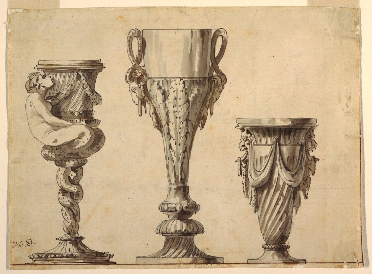 Design til en lysestage, kop og vase af Jean Charles Delafosse