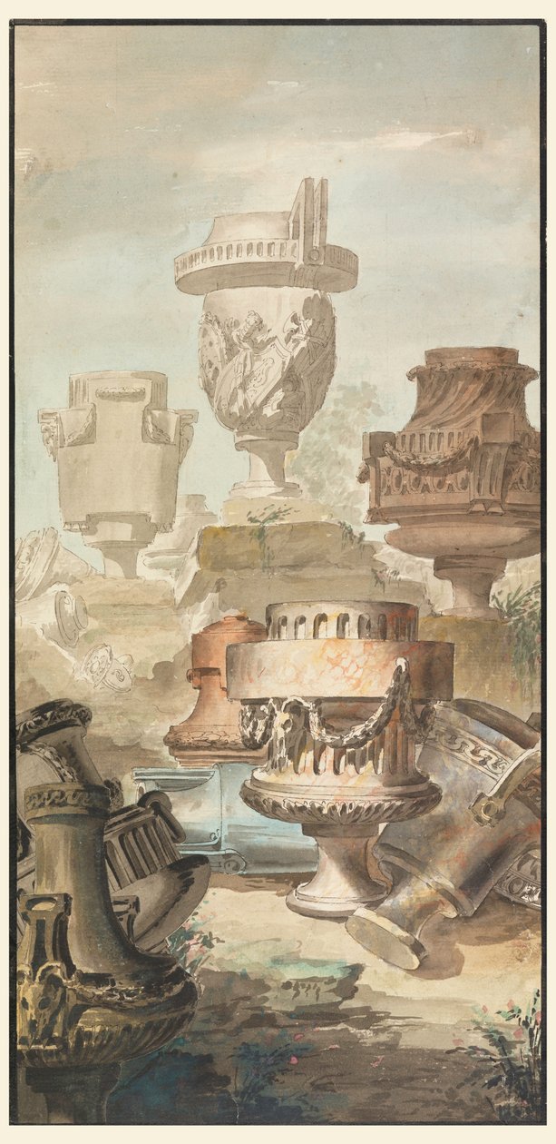 Tegning, Ruin-fantasi: Vaser og urner, 1770 af Jean Charles Delafosse