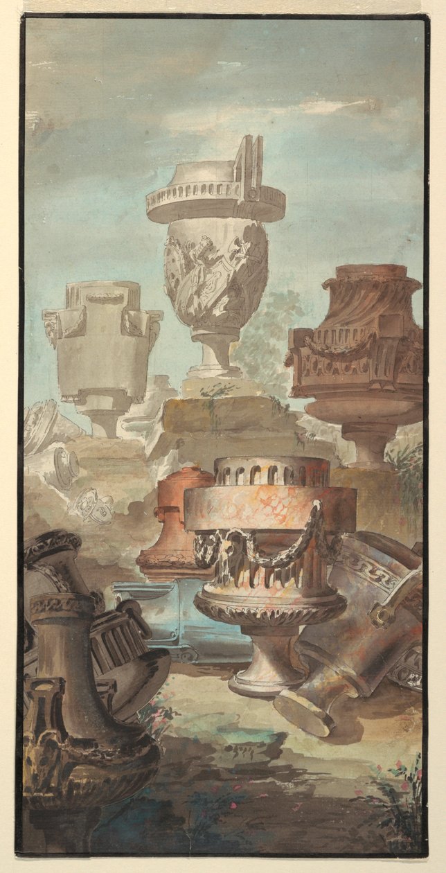 Tegning, Ruin-fantasi: Vaser og urner, 1770 af Jean Charles Delafosse