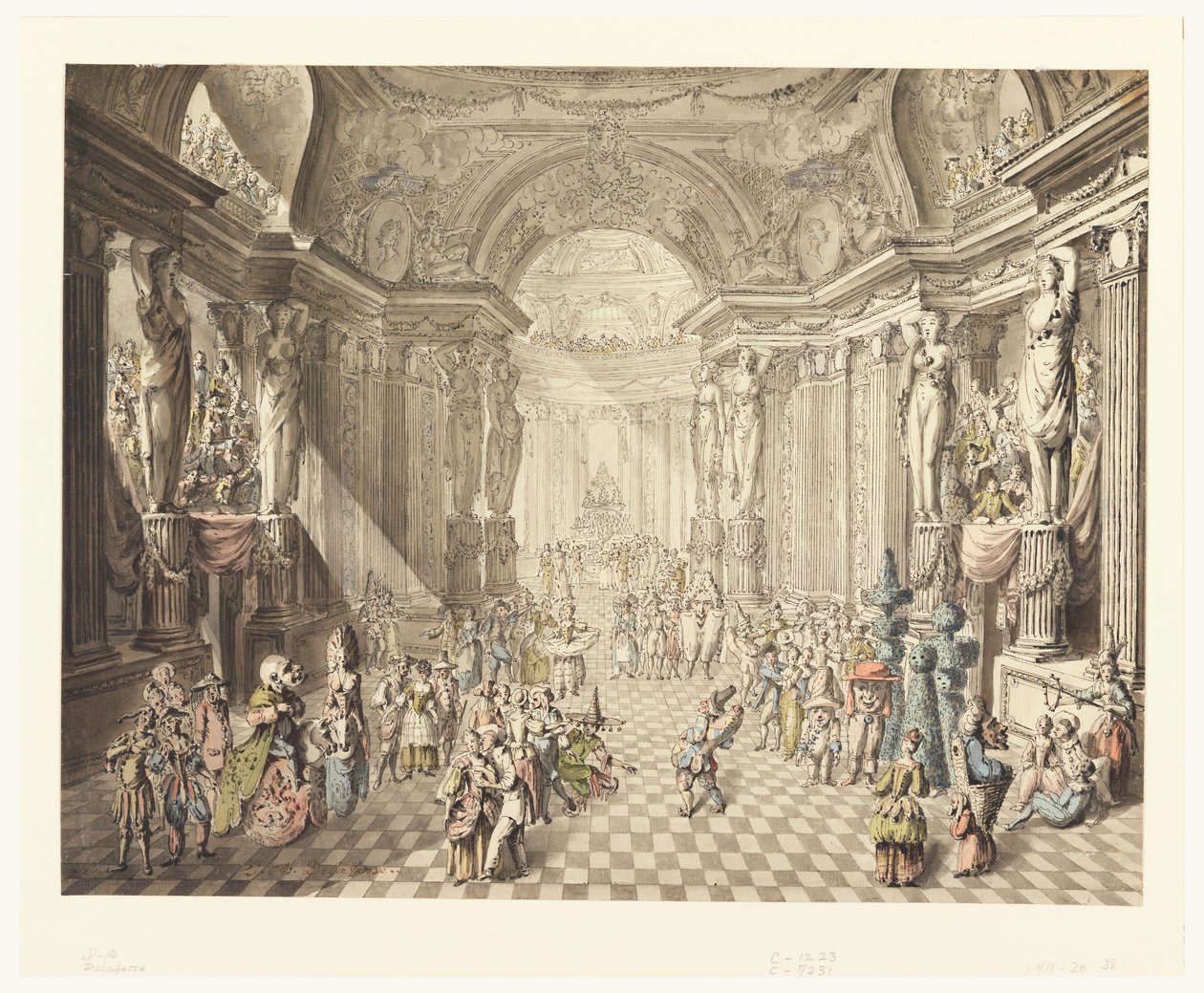 Tegning, Udsigt til maskeradebal, 1770-80 af Jean Charles Delafosse