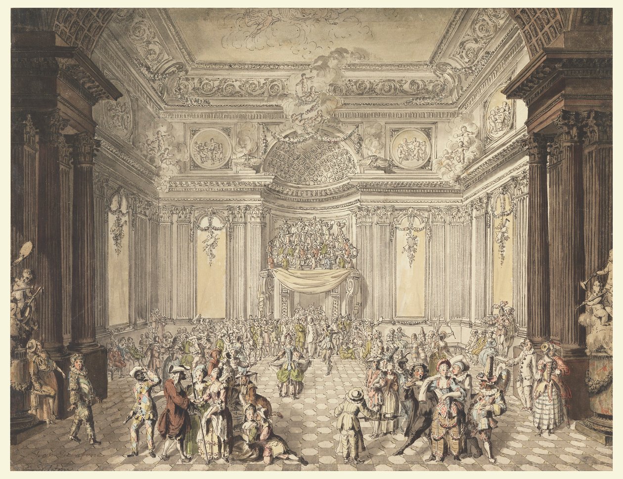 Tegning, Udsigt til maskeradebal, 1770-80 af Jean Charles Delafosse