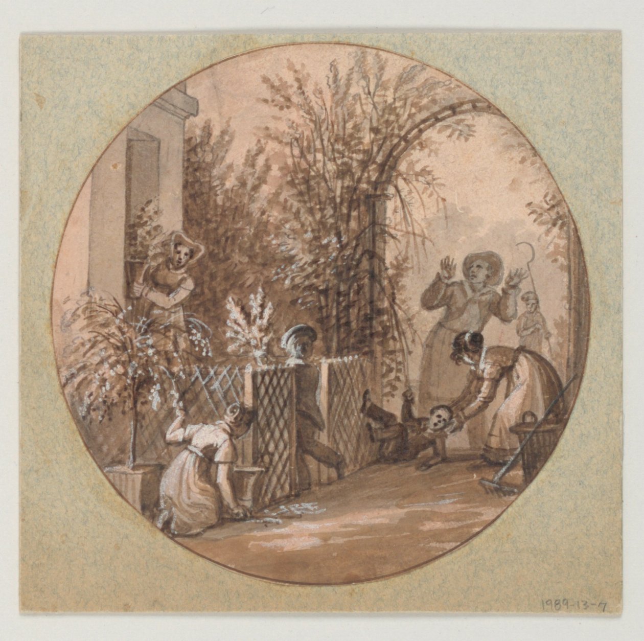 Design til en malet porcelænstallerken, Havescene fra Service de la Culture des Fleurs (Blomsterdyrkningsservice) af Jean Charles Develly