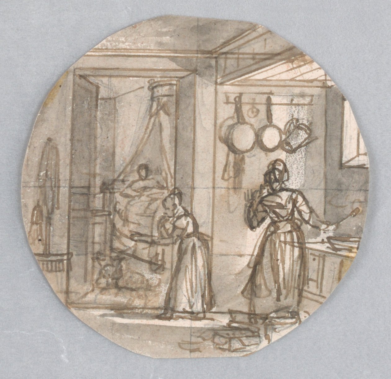 Design til en malet porcelænstallerken, køkkenscene med bageste soveværelse, muligvis til Service des Objets de Dessert (Dessertservice) af Jean Charles Develly