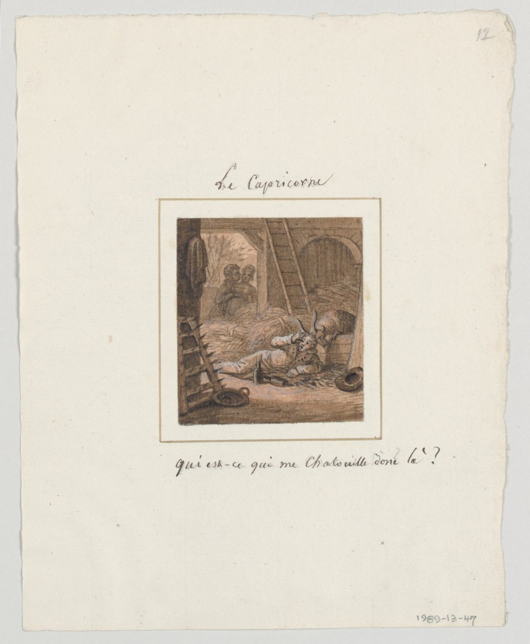 Design til en malet porcelænstallerken, Le Capricorne (Capricorn) fra le Zodiac Travesti (The Farcical Zodiac) Service af Jean Charles Develly