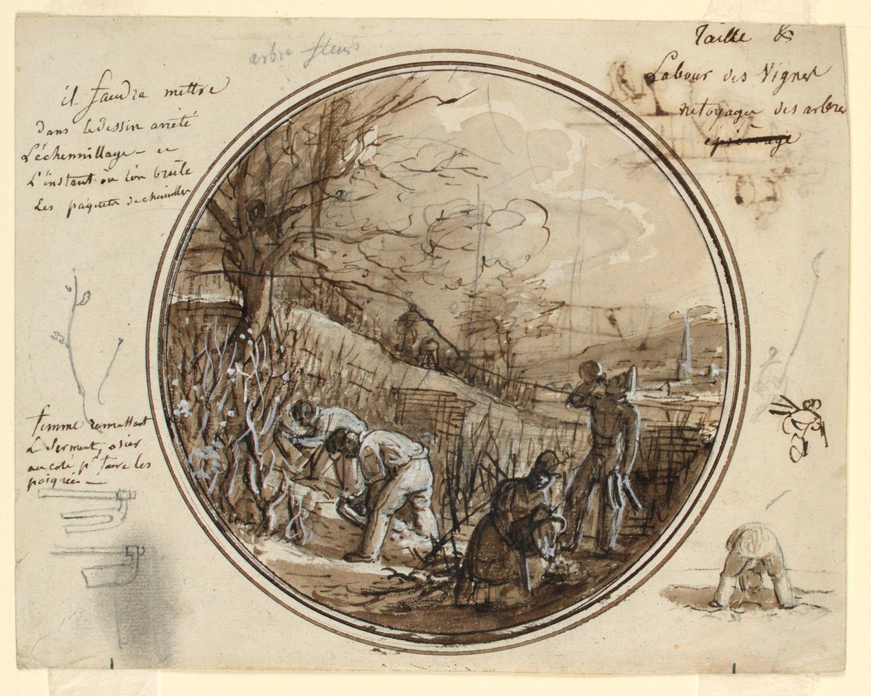Tegning, Design til en bemalet porcelænstallerken, Skæring og arbejde i vingården, 1819-20 af Jean Charles Develly
