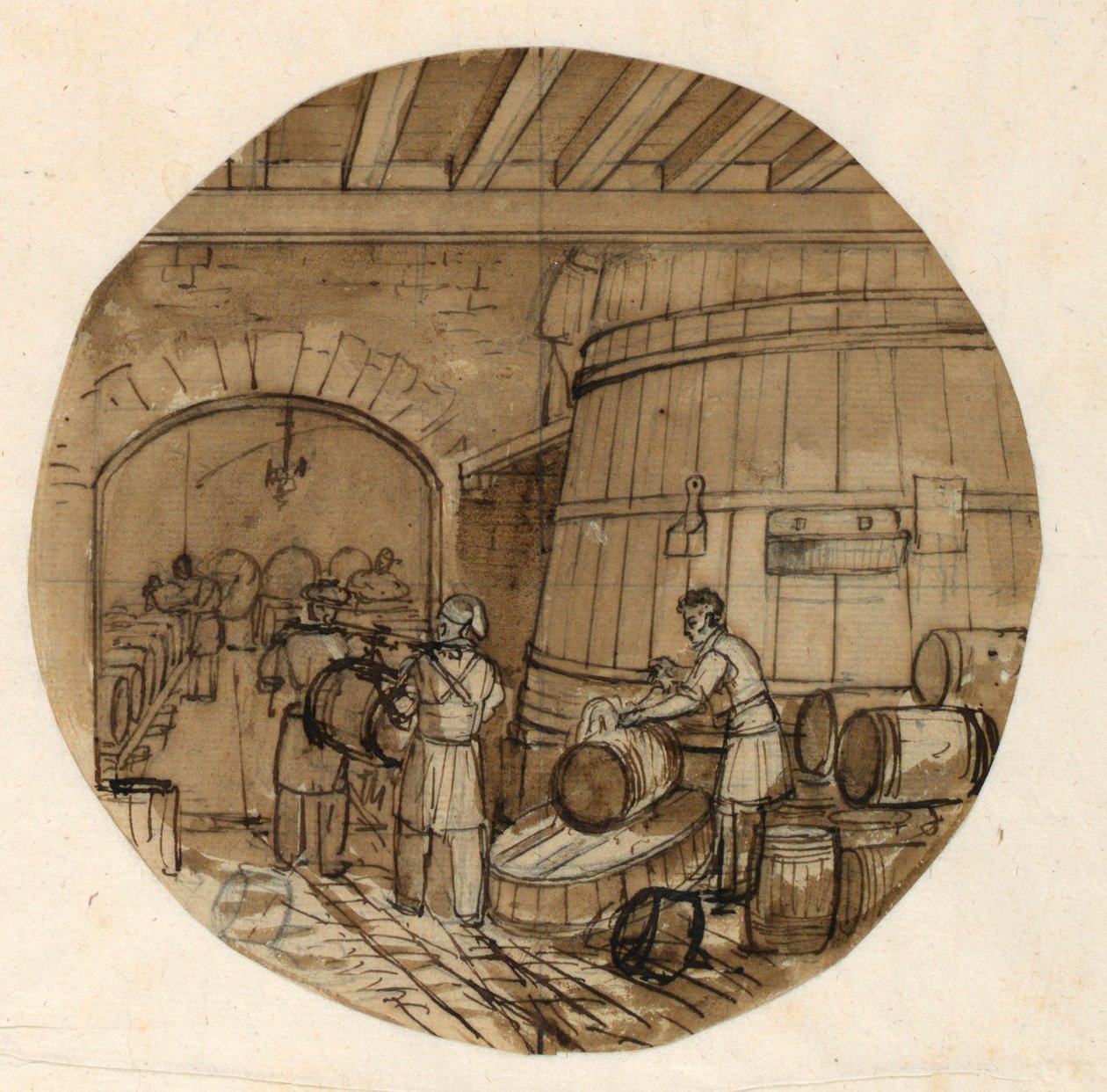 Tegning, design til en bemalet porcelænstallerken, interiør fra et vinbrænderi, 1831-44 af Jean Charles Develly