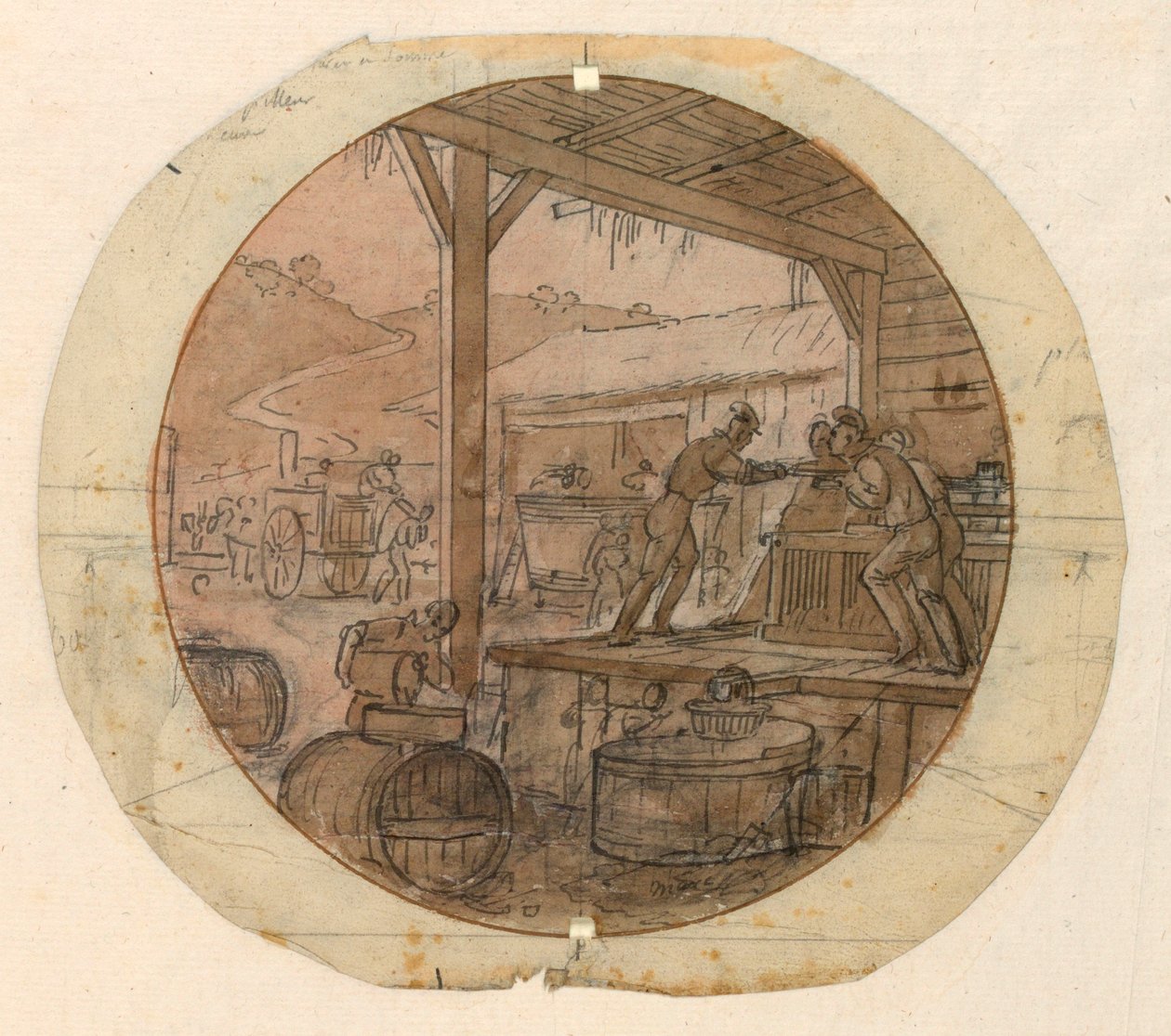 Tegning, design til en bemalet porcelænsplade, lastning eller losning af varer, 1820-35 af Jean Charles Develly